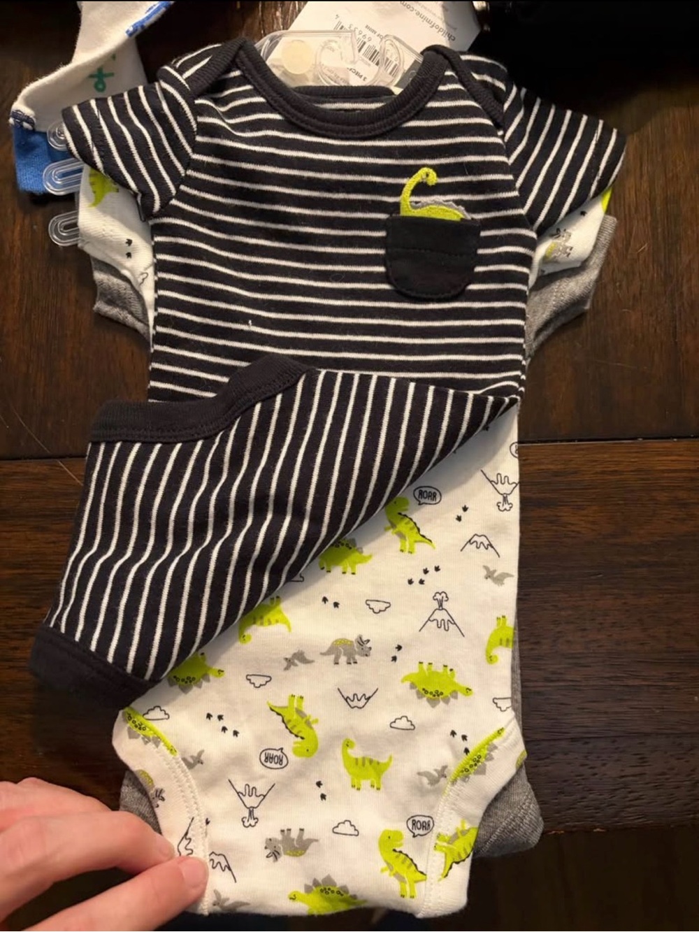 Striped Black & White and Dino Print Green Kids One-Piece Carter’s